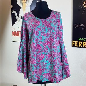 NWOT Long sleeve Print Blouse turquoise & hot pink